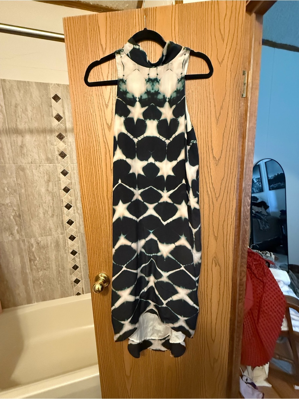Sleeveless High-Low Midi Dress in Navy and White Tie-Dye